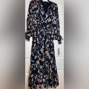 Elegant Floral Long Sleeve Dress in Navy